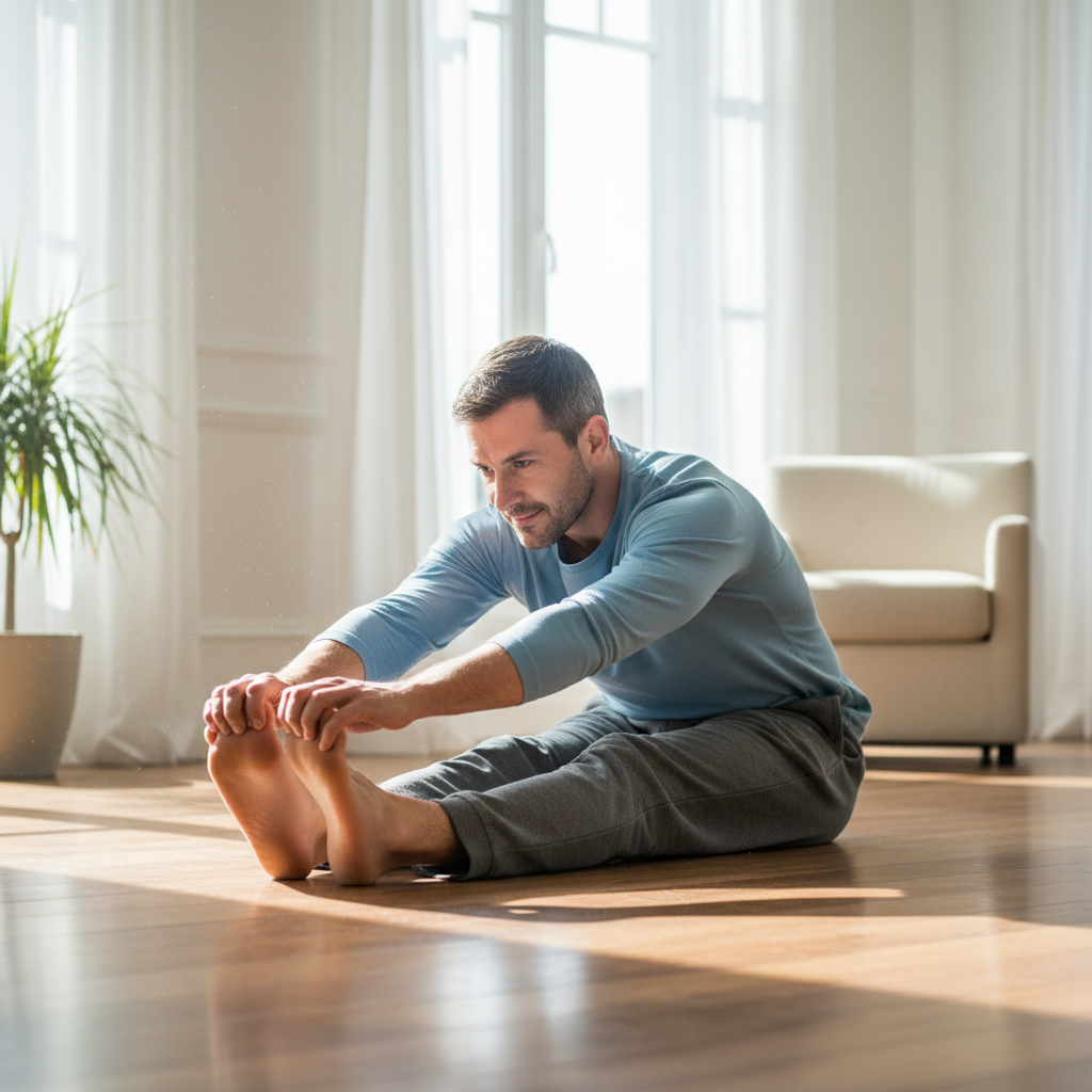 Homme pratiquant des étirements matinaux sur un plancher en bois, lumière naturelle filtrée par de grandes fenêtres, posture détendue et attentive